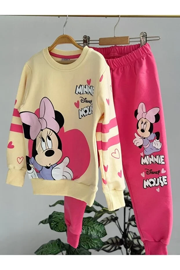 طقم بناتي مكون من قطعتين، سويت شيرت بأكمام طويلة مطبوع - بنطلون قطن ممشط بخصر مطاطي